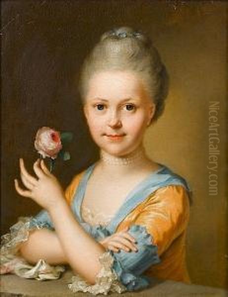 Portrait Of A Young Girl, Half-length, In A Gold Dress With Blue Trim And A Lace Cuffs, Holding A Rose Oil Painting by Ulrica Pasch