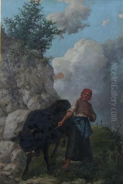 Young Girl And Calf On A Rocky Pathway Oil Painting by Antonio Pascutti