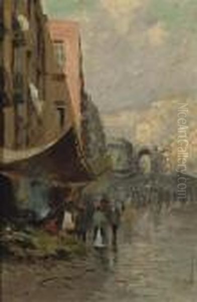 An Italian Street Market Oil Painting by Lazzaro Pasini