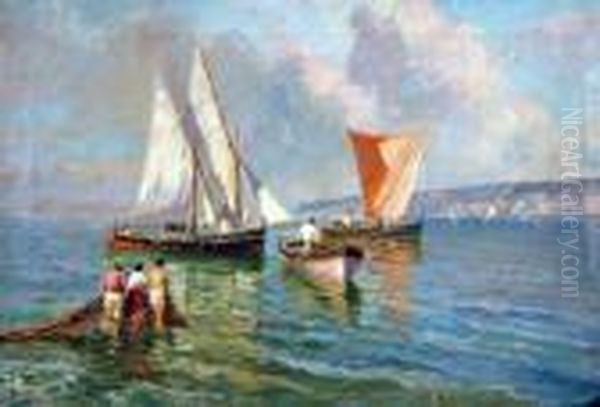 Marina Con Barche E Pescatori Oil Painting by Lazzaro Pasini