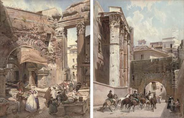 The Fish Market, Rome; And The Temple Of Mars Ultor Oil Painting by Ludwig Pasini