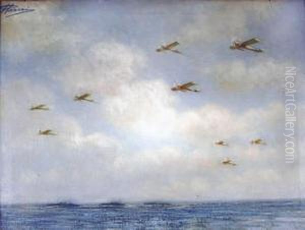 Squadriglia Di Aerosiluranti Sopra La Flotta Oil Painting by R. Pasini