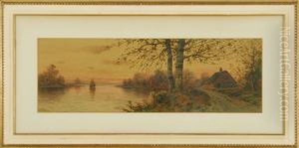 Sunset View Of A Cottage And A Sailboat On A Lake Oil Painting by William Frederick Paskell