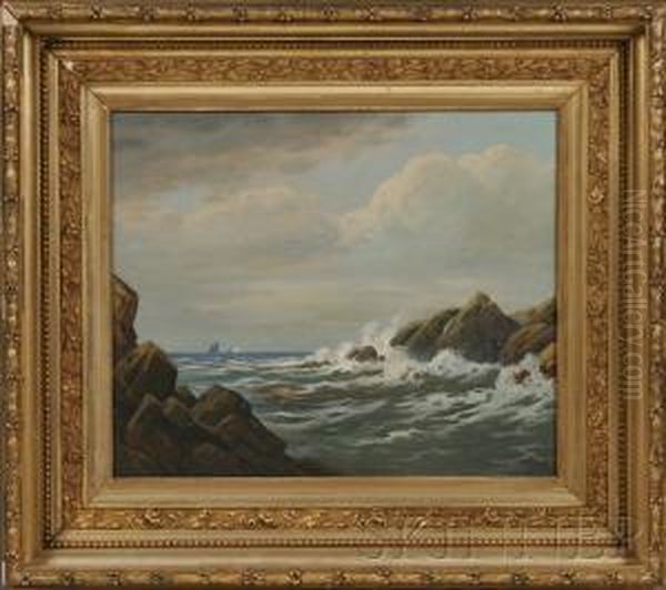 Rocky Seascape With Distant Vessels. Oil Painting by William Frederick Paskell