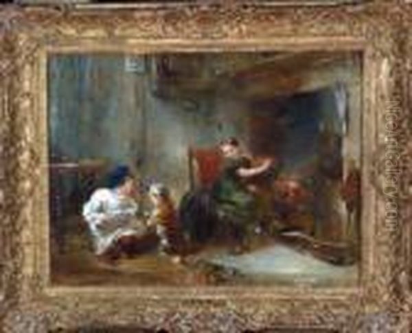 A Cottage Interior With Two Children And Their Dog At Ahearthside Oil Painting by Daniel I Pasmore