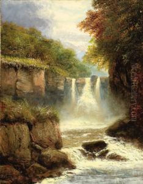 Waterfall Landscape Oil Painting by Charles Henry Passey