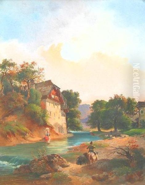 The House On The River Steye Oil Painting by Johann Nepomuk Passini