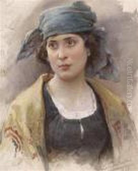 A Girl With A Green Headscarf Oil Painting by Ludwig Passini