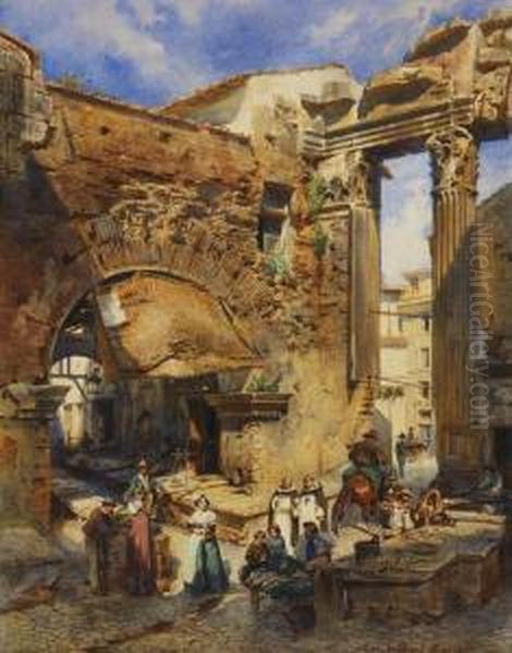 Der Romische Fischmarkt Bei Sant' Angelo In Pescheria Oil Painting by Ludwig Passini