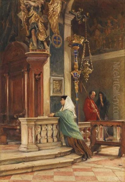 Betende In Einer Venezianischen Kirche Oil Painting by Ludwig Passini