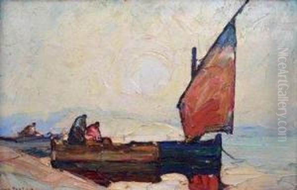 Single Masted Fishing Boats With Figures Moored At A Harbours Edge Oil Painting by Louis Pastour