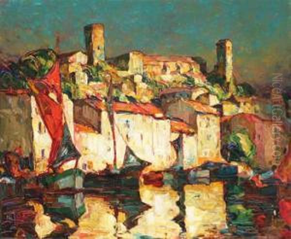 View Of A Coastal Village And Harbor Oil Painting by Louis Pastour