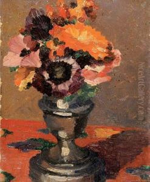 Fleurs D'ete Dans Un Pot D'etain Oil Painting by Louis Pastour