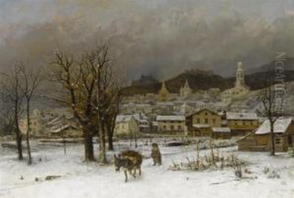 Winter Landscape With View Of A Swiss Town In The Background, Possibly Fribourg Oil Painting by Cherubino Pata