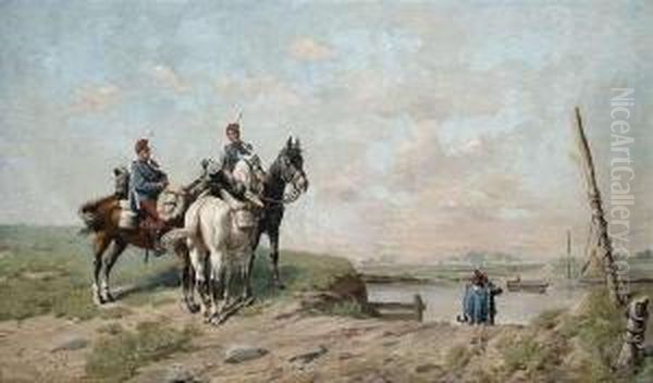 Soldiers On Horseback At A River Oil Painting by Laszlo Pataky Von Sospatak