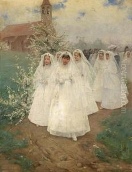 Group Ofchildren After First Communion Oil Painting by Laszlo Pataky Von Sospatak