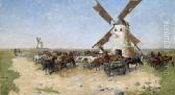 Mill In Anopen Landscape On The Puszta Oil Painting by Laszlo Pataky Von Sospatak