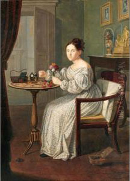 Jeune Fille Dans Un Interieur [, Young Woman In A Room, Oil On Canvas, Signed And Dated 1837.] Oil Painting by Giuseppe Patania