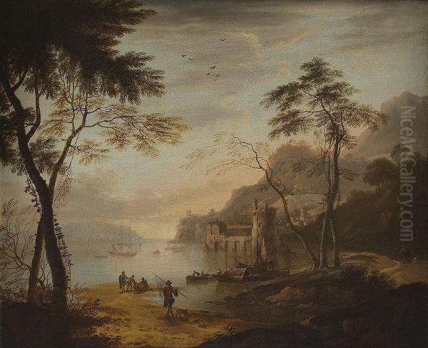 An Italianate Coastal View With Fishermen Unloading Their Catch Oil Painting by Thomas Patch