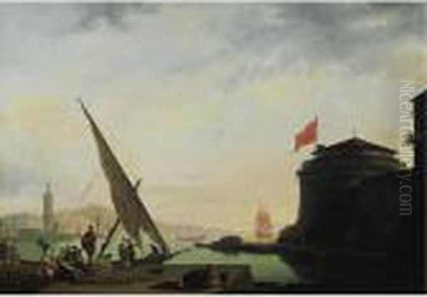 View Of A Mediterranean Harbor With Fishermen Oil Painting by Thomas Patch