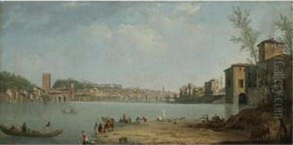 A View Of The River Arno With The Ponte Alle Grazie, Florence Oil Painting by Thomas Patch