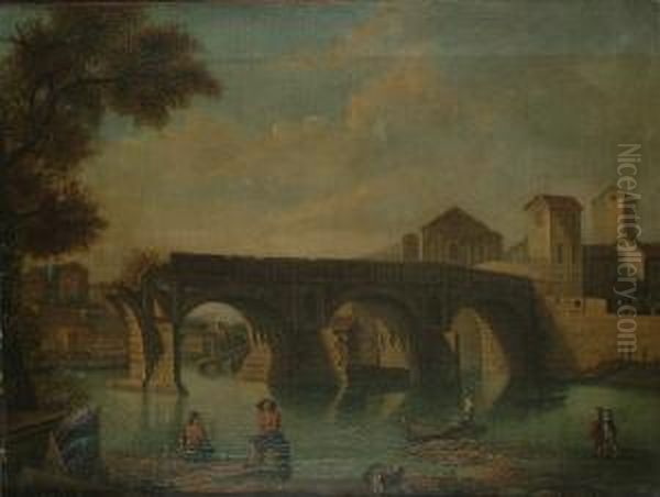 Figures By A Ruined Bridge In An Italian Town. Oil Painting by Thomas Patch