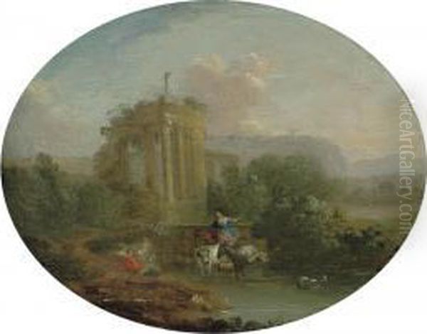 An Italianate Landscape With Drovers And Their Herd Watering Beside Classical Ruins Oil Painting by Pierre-Antoine Patel