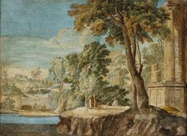 An Arcadian Landscape With Figures Byclassical Ruins Oil Painting by Pierre-Antoine Patel