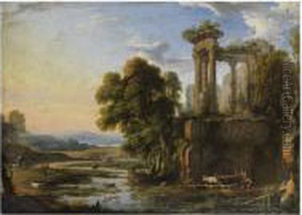 Paysage Au Crepuscule Avec Des Bergers Pres D'un Temple De Vesta Oil Painting by Pierrele Bon I Patel