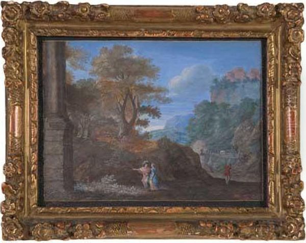 Classical Landscape With Figures Near A Column Oil Painting by Pierrele Bon I Patel