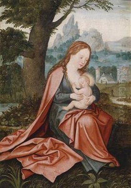 The Virgin With The Christ Child In A Wide Landscape Oil Painting by Joachim Patenir