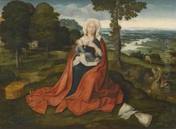 Virgin And Child Seated Before An Extensive Landscape Oil Painting by Joachim Patenir