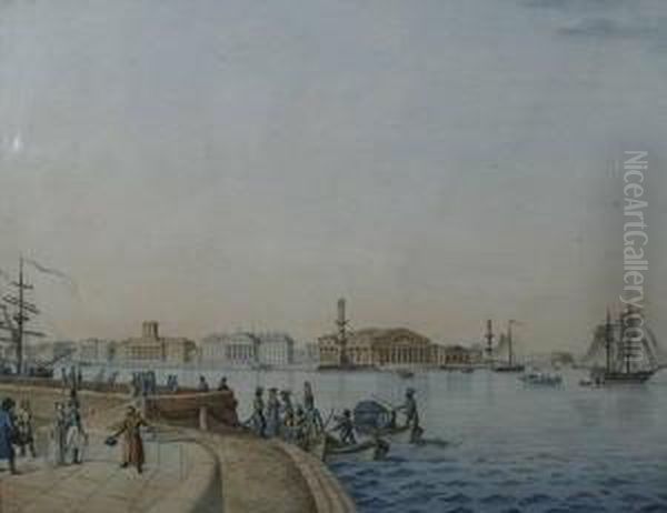 The Spit Of Vasilyevsky Island, A Portion From The Footway Down The Neve In The Placement Embankment Oil Painting by Benjamin Patersson