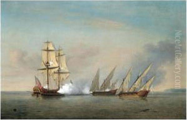 A Royal Navy Brig In Action With Two Armed Spanish Xebecs Oil Painting by Richard Paton