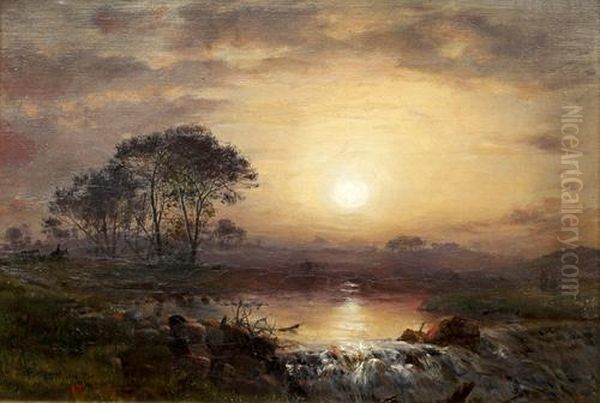 Sunset Landscape With Travellers By A River Oil Painting by Waller Hugh Paton