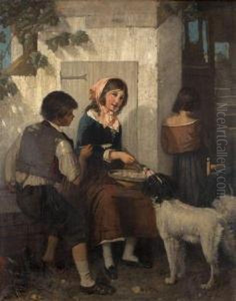 Jeunes Enfants Donnant La Soupe A Un Chien Oil Painting by Isidore Patrois