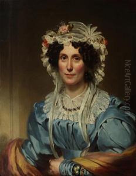 Portrait Of A Lady, Bust Length, Wearing A Pale Blue Dress And White Lace Bonnet Oil Painting by William Patten Jun