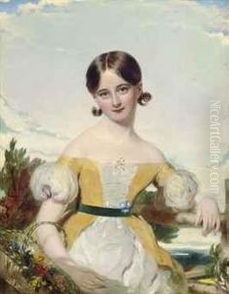 Portrait Of A Young Girl In A Yellow And White Dress, Half-length, With A Green Sash, Holding A Basket Of Flowers, A Landscape Beyond Oil Painting by William Patten Jun