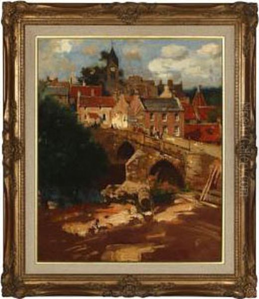 Figures On A Bridge In A Scottish Town Scene Oil Painting by James Patterson