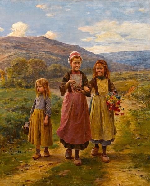 Children On A Country Road Oil Painting by Cesar Pattein