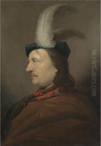 Portrait Of A Gentleman, Head And Shoulders, In Profile, Wearing A Blue Hat With White Feathers And A Brown Cloak With A Red Scarf Oil Painting by Christoph Paudiss