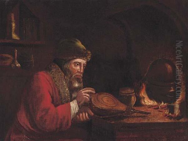 An Alchemist By A Stove In An Interior Oil Painting by Christoph Paudiss