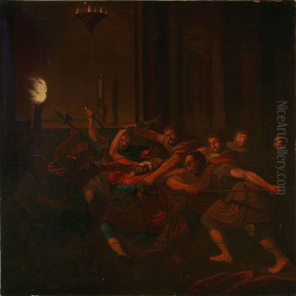 The Murder Of King Canute The Holy Of Denmark In St. Albani Church In Odense In The Year 1086. Oil Painting by Erik Pauelsen