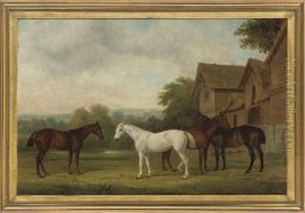 Four Hunters By A Barn, An Extensive Landscape Beyond Oil Painting by John Paul