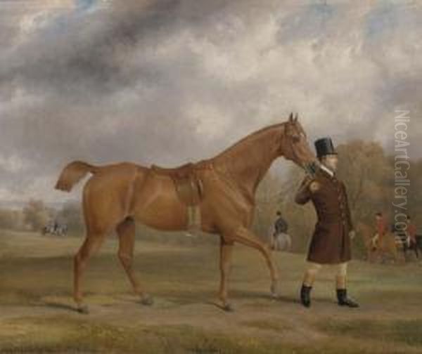 A Bay Hunter And Groom, With A Hunt Beyond, In An Extensivelandscape Oil Painting by John Paul