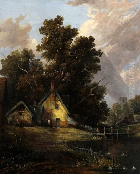 Riverside Cottage And Church Oil Painting by Joseph Paul