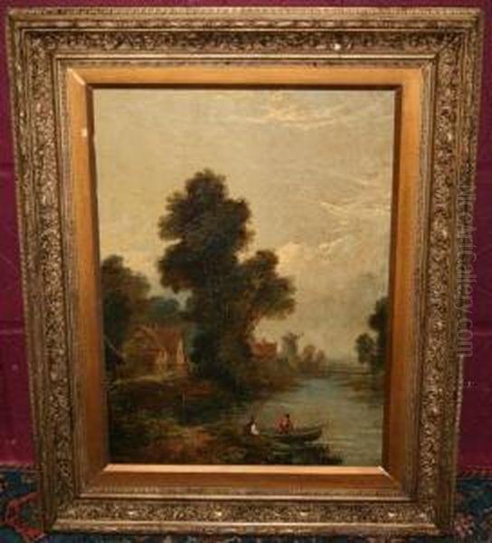 Norwich River Landscape With Figures In A Boat Oil Painting by Joseph Paul