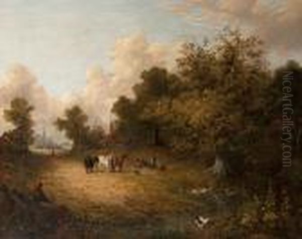 Logging Team Resting Beside A For Within An Extensive Landscape, Norwich Cathedral Oil Painting by Joseph Paul