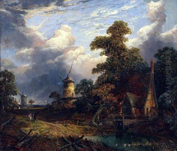 Landscape With Cottage And Windmills Oil Painting by Joseph Paul