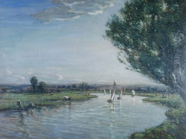 River Landscape With Boats Oil Painting by Paul Paul